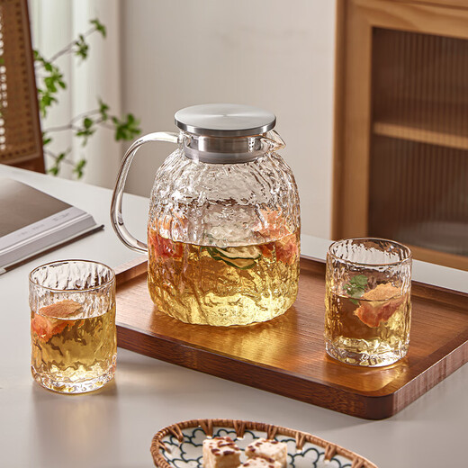 Yagang Light Luxury Glass High Temperature Resistant Household Drinking Water and Tea Cup Set High-Looking Living Room Hospitality Tea Cup Juice Cup Ice Crystal Cup 6 + Cloud Cup Holder + Large Log Tray + Pot