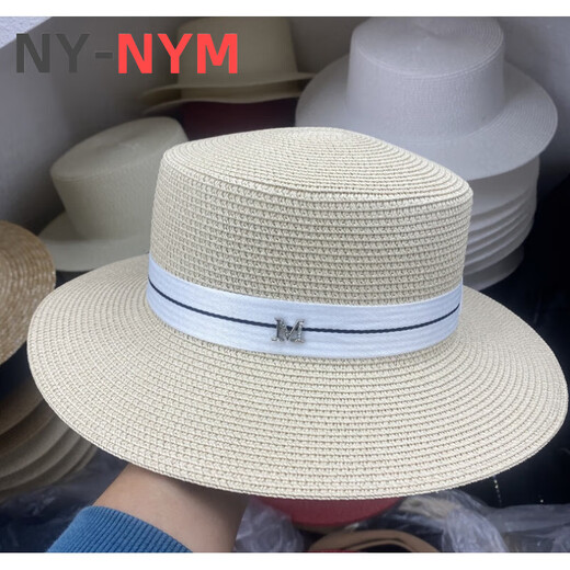 NY-NYM webbing M label straw hat for women summer British retro flat top fresh top hat sun protection beach hat white M (56-58cm)