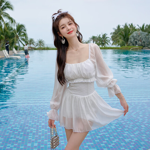 He Yang Yuxia's new parent-child swimsuit mother and daughter conservative long-sleeved sunscreen fairy model children's white girl girl swimsuit hot spring white M