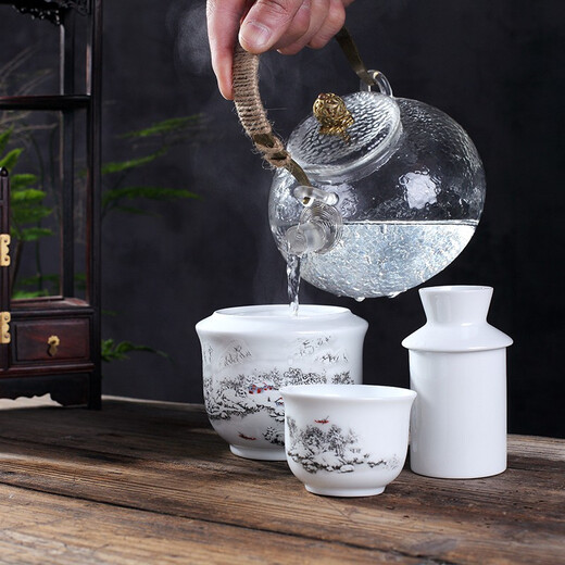 Jiulou Pavilion Jingdezhen blue and white ceramic wine warmer Chinese style ancient household old-fashioned wine scalding device wine warmer set 2 liang Snow scene 2 liang standard
