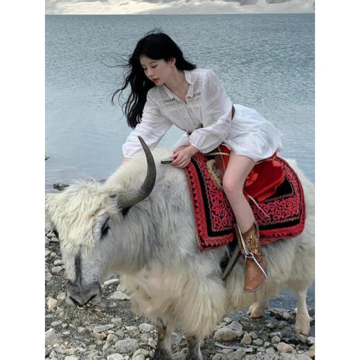 Muni holiday fairy skirt French dress 2025 new ethnic style hollow stitching long-sleeved loose dress with waist holiday fairy skirt white with belt S size recommended 80-105 Jin Jin equals 0.5 kg