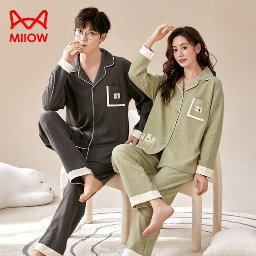 Cat man (miiow) pyjamas en coton pur pour hommes 2 ensembles de tenues de couple pour le printemps et l'automne à manches longues douces et peut être usée sur le jeu de vêtements de maison extérieur #comfortable pur / coton couple pyjamas # mjl-9866 pure 1 femelle m + masculine xl