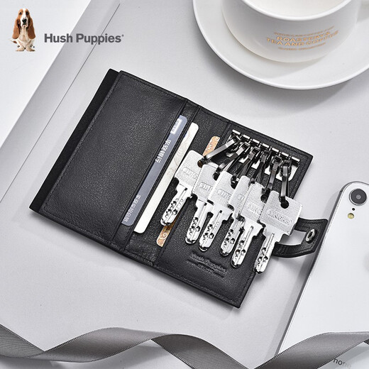 Hush Puppies Key Bag Unisex Genuine Leather Key Bag Keychain Multifunctional First Layer Cowhide Key Bag Card Holder 2-in-1 Black