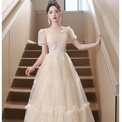 Li Baixin evening dress for women 2025 new light luxury niche high-end petite banquet temperament high-end host birthday dress champagne long M recommended 90-100Jin Jin equals 0.5 kg