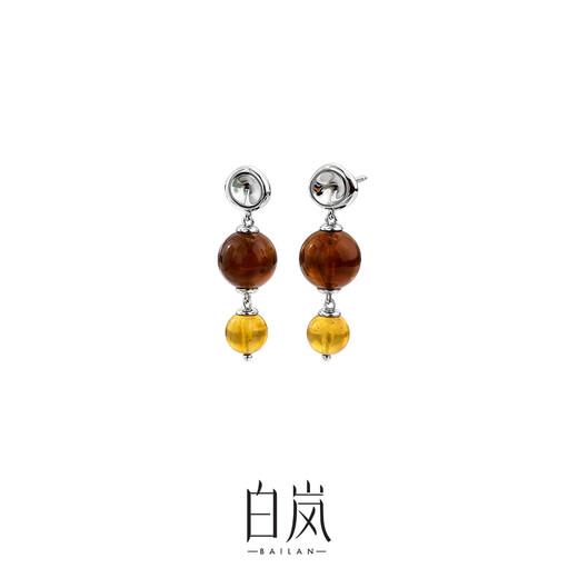 Bai Lan double amber earrings for women, amber 925 silver earrings, niche temperament, exquisite and elegant birthday gift for wife, dark amber earrings