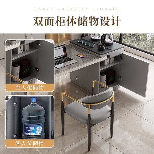 Light luxury island tea table with desk integrated slate modern minimalist Kung Fu tea table office Internet celebrity boiling kettle integrated fire stone tea tray white frame (snow mountain white bright) 1.2 meter single tea table does not include chairs (comes with a kettle)