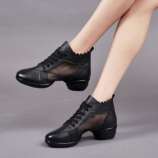 Chachayu 2025 Neue Sommer Dance Schuhe Echtes Leder atmungsaktivem Mesh Square Tanzschuhe Danzschuhe Frauen Seemann Tanz Mutter Schuhe Schwarze Mesh Schuhe 37 Top -Layer -Kuhleder -Qualitätssicherung