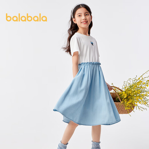 Balabala girls summer dress children's dress big children's fake two-piece sweet printed style skirt denim light blue 88101 130