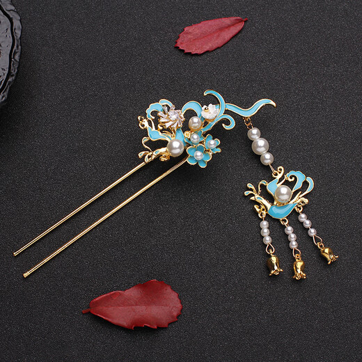 Handmade vintage cloisonné hairpin hairpin burnt blue antique style crested hairpin ancient costume tassel step shake daily Hanfu accessories Yu Rui hairpin