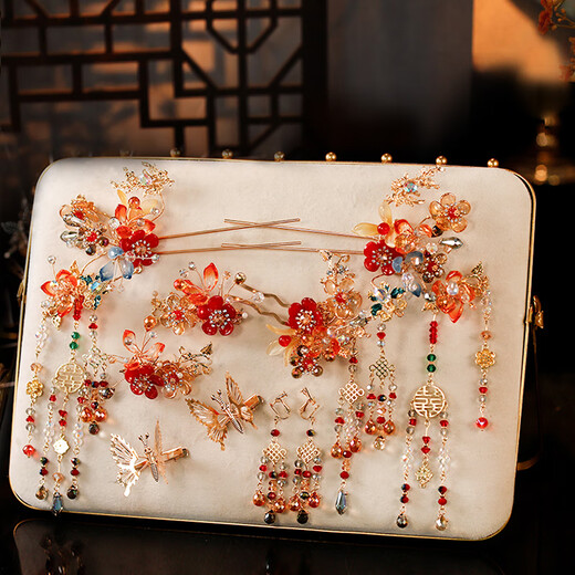 DR-FLVVS Xiuhe clothing headwear new Chinese style headwear 2024 new style atmospheric ancient style bridal hair accessories wedding dress accessories red glazed hair accessories set