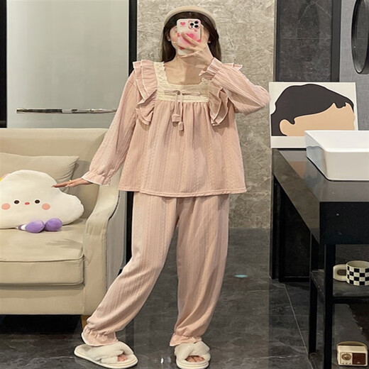 Huinubi Princess Style Long Sleeve Pajamas Women's Spring and Autumn Pure Cotton 2023 New Pink Lace Autumn and Winter Home Clothing 9904# Apricot (Double-length)[S]45 M 80-100Jin[Jin equals 0.5 kg]