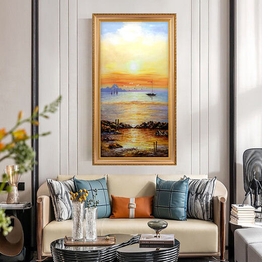 帝旗纯手绘厚油刀画海景油画入户玄关装饰画欧式走廊过道挂画竖版定制 692金实木框 80X130