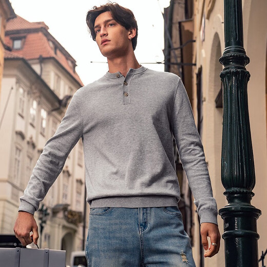 Mr. Bu Henry Collar Cotton Sweater Long Sleeve Men's 2023 Spring and Autumn New Retro Casual Men's Wear Light Gray XL (180)