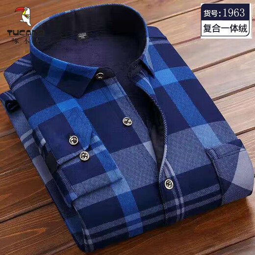 Woodpecker (TUCANO) winter warm shirt plus velvet and thickened men's long-sleeved shirt plaid printed velvet middle-aged and elderly dad's bottoming top 601 L