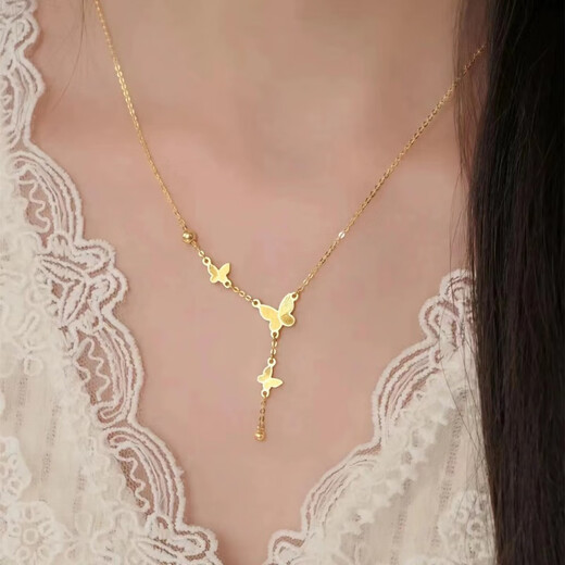 WSAY18K Gold Butterfly Pendant Fashionable Golden Necklace Women's 999 Tassel Set Chain 3D Hard Gold Clavicle Butterfly Tassel Necklace