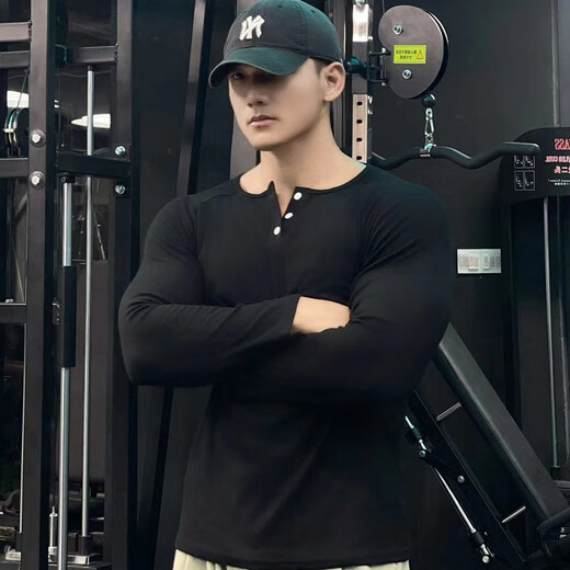 Dameitu (Dameitu) Henry shirt American long-sleeved threaded cotton retro American khaki men's raglan fitness show big Henry collar T-shirt sports black XL suitable for 60-70kg