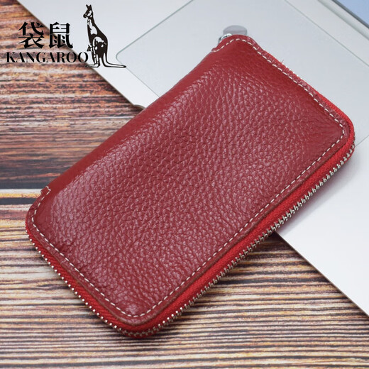 Kangaroo (KANGAROO) new hand-made inner and outer first-layer cowhide key bag household multi-functional card bag storage key bag genuine leather men's burgundy