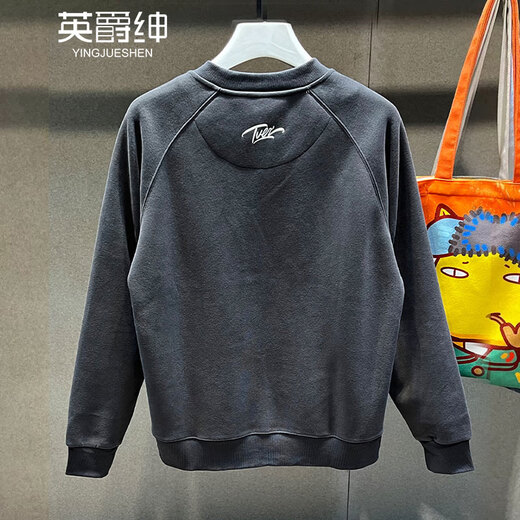 British gentleman American retro heavyweight sweatshirt men's autumn and winter loose Henry collar long-sleeved trendy brand embroidered velvet bottoming shirt for men dark gray M