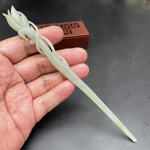 Meng Junchen Hetian jade blue and white jade headdress hairpin flower blooming wealth jade hairpin Hanfu hollow flower birthday gift flower carving hollow hairpin
