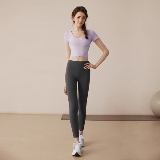 Youyou Yoga Wear Summer Fitness Wear for Women New Style Pilates Training Wear with Chest Pad Mesh Top Set 33029 Fengxin Purple Two-piece Set + Gray Yoga Pants XL