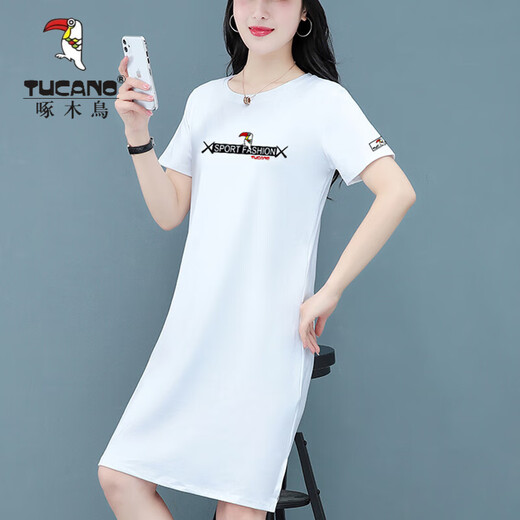 Woodpecker (TUCANO) round neck short-sleeved T-shirt dress for women in summer, small, middle-aged, loose and slim dress, temperament, western style A-line skirt, white M (recommended 80-95Jin Jin equals 0.5 kg) Woodpecker (TUCANO) round neck short-sleeved T-shirt dress for women in summer, small, middle-aged, loose and slim dress, temperament, western style A-line skirt, white M (recommended 80-95Jin Jin equals 0.5 kg)