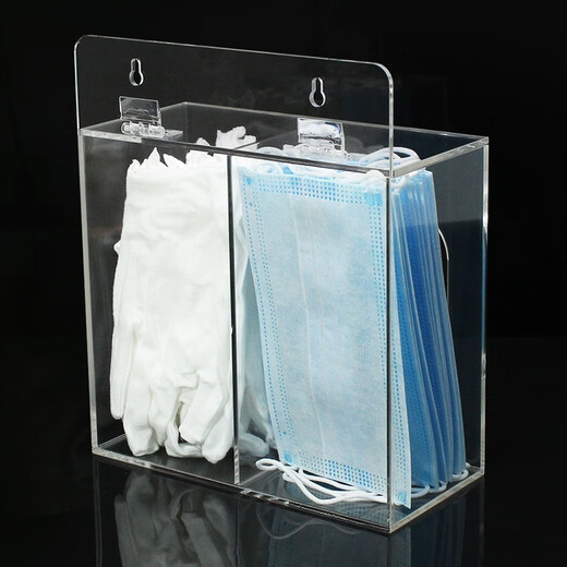 Acrylic wall-mounted storage box, disposable mask gloves, hats, shoe covers, household wall-mounted transparent dust-proof box, three-compartment hanging mask box with openings