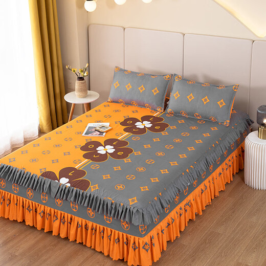 Thickened brushed double bed skirt Simmons Korean style bedspread bed skirt sheet bed sheet new three-layer edge orange windmill 200cmx220cm single piece bed skirt