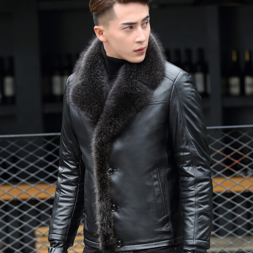 JERRYJACK men's fur integrated Haining leather jacket men's sheepskin lapel short casual leather jacket fur leather jacket trendy men black L/175