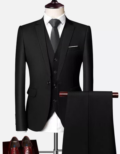 vocacool suit men's three-piece business casual professional formal wedding dress large size suit student suit jacket black suit jacket + pants + white shirt + tie XL/115-130Jin [Jin equals 0.5 kg]