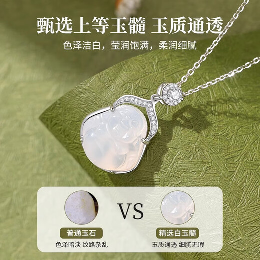 Yan Ru decorated chalcedony big belly Buddha pendant 925 silver necklace women's light luxury temperament clavicle chain new birthday gift for girlfriend L2076 white gold_big belly Buddha chalcedony pendant necklace