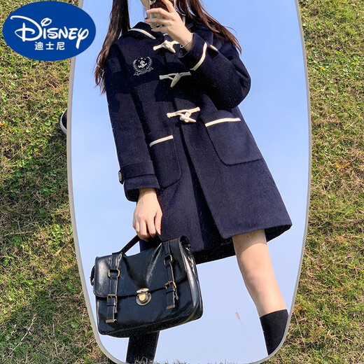 迪士尼（Disney）女大童学院风毛呢外套加棉加厚12-15岁高初中学生牛角扣呢子大衣 杏色 S码建议70-90斤