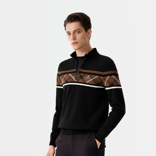 Biyinlefen is not easy to deform, autumn and winter casual sweater tops for men, retro contrasting color positioning strips, stand-up collar woolen sweaters for men 07 black XL