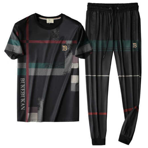 Knight Yifan men's T-shirt suit summer new fashion European station trendy brand high-end embroidery trend micro-elastic short-sleeved pants two-piece set for young and middle-aged slim casual sportswear large size men's black TZ7001M [100-120Jin [Jin equals 0.5 kg]]