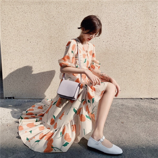 JOYOFJOY Summer Women's Korean Style Casual Fashion Beach Resort Style Printed Dress Long Skirt Women's Short Sleeve Dress Women JWQZ203533 Picture Color M