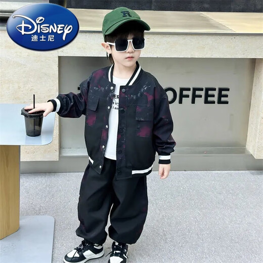 Disney (Disney) boys' autumn handsome baseball uniform suit new small and medium-sized children's street spring and autumn jacket sports two pieces black 150 yards