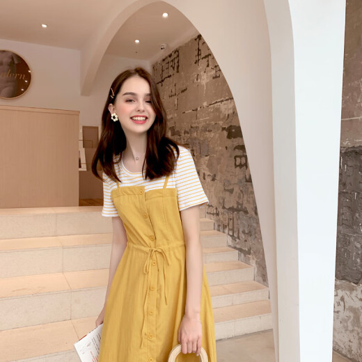 Langyue women's summer contrast color short-sleeved dress with sweet and fashionable high-waisted mid-length fake two-piece T-shirt skirt LWQZ204130 yellow M
