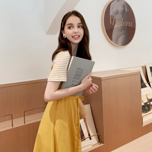 Langyue women's summer contrast color short-sleeved dress with sweet and fashionable high-waisted mid-length fake two-piece T-shirt skirt LWQZ204130 yellow M