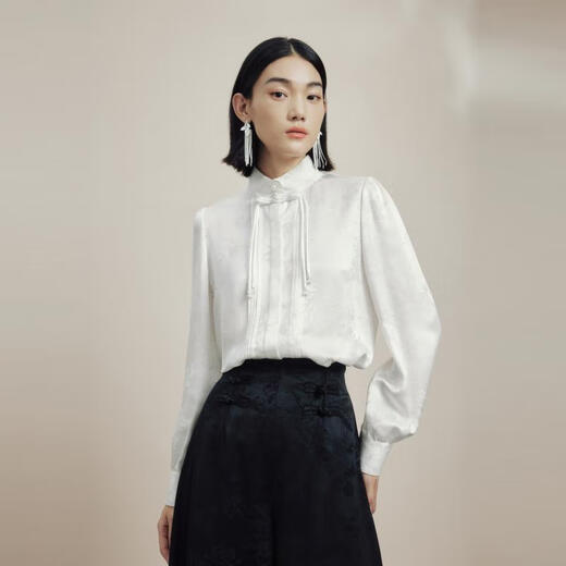 LIME Gina's same style Rhine stand collar new Chinese style long-sleeved shirt autumn and winter mulberry silk floral top white S