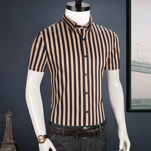 Caizi Yijia striped shirt men's short-sleeved stretch cotton summer slim half-sleeved clothes trendy men's business casual shirt men yellow stripes 5008D 42