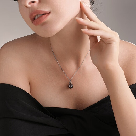 Tahiti Crowns Love 18K Gold Black Pearl Pendant Women's Round Highlight Seawater Pearl Necklace S Grade 9-10mm +925 Silver Chain