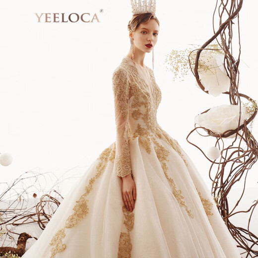 YEELOCA long-sleeved main wedding dress showing white temperament 2019 new bridal dress luxurious luxury champagne color forest super fairy dream winter champagne [floor style] skirt length about 115 cm S/160