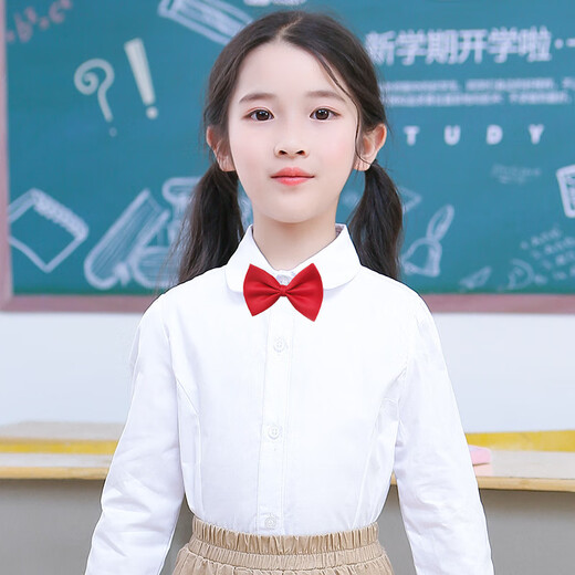 White shirt for boys and girls, long-sleeved bottoming shirt for middle and large children, primary and secondary school uniforms, performance spring and autumn wear, white round neck 130cm