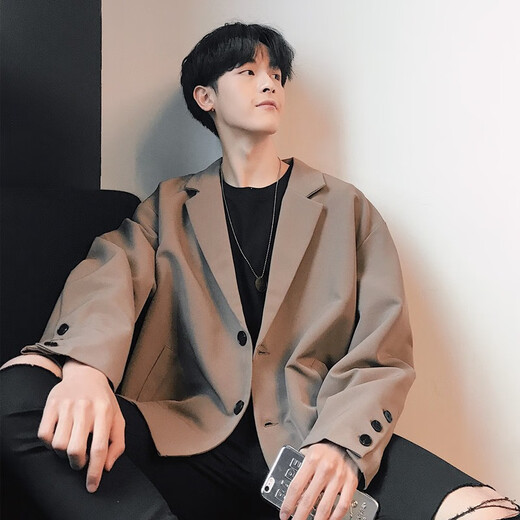 普戈斯安可拉红毛呢西装外套男士老钱风穿搭短款夹克春秋新中式西服套装 X02黑色 XL 130-145斤