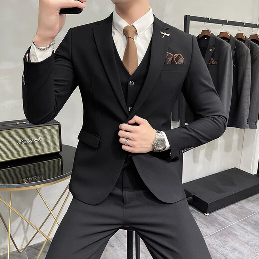 Luo Meng brand light luxury high-end suit suit men's plus size solid color suit suit men's three-piece suit groom wedding dress suit groomsmen dark gray suit + vest + trousers L