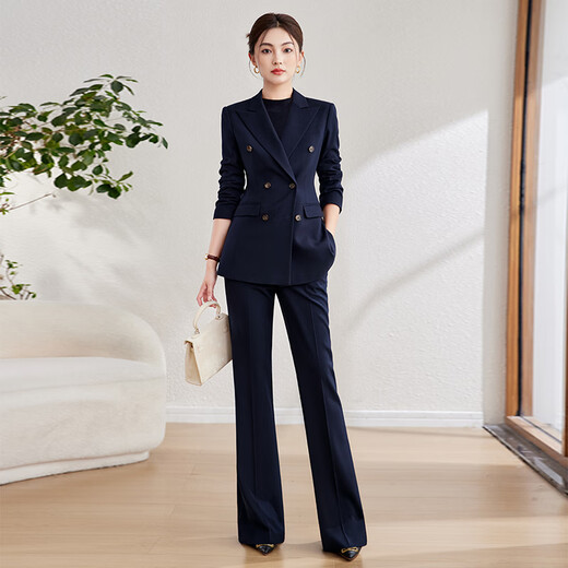 Baffia wool suit suit goddess style autumn and winter high-end professional suit jacket business commuting thick style interview navy blue suit + bell pants M