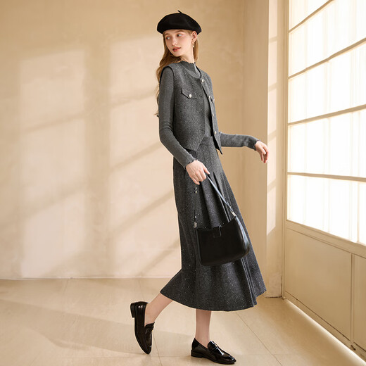 Xiangying gray small fragrant style vest suit for women 2025 winter new style including wool skirt miu series two-piece set dark gray M