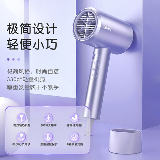 Midea Hair Dryer Home Negative Ions High Power Does Not Hurt Electricity Hair Dryer Hair Dryer Negative Ion Hair Dryer Dormitory Use Ten Million Negative Ions 1800w High Power Aurora Purple-80 Million Negative Ions Hair Care