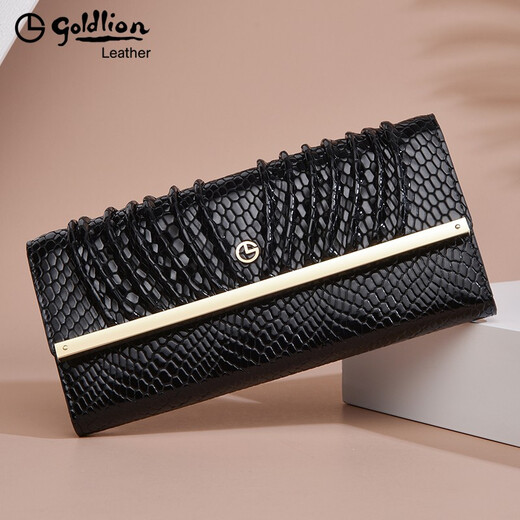 Goldlion Wallet Long Patent Leather Women's Bag Fashion Genuine Leather Simple Clutch Cowhide Large Capacity Clutch Mom Bag Black Officially Authorized - One fake will be fined ten