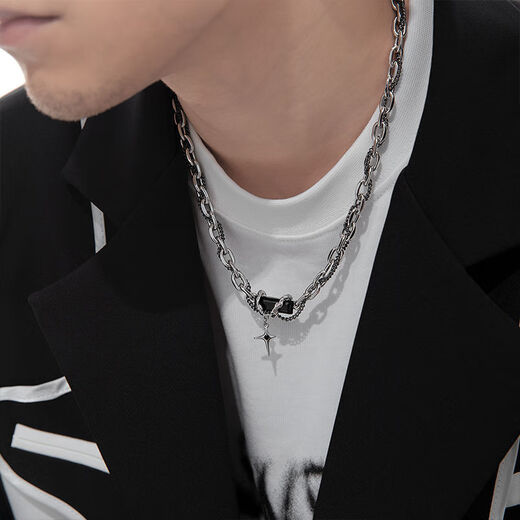 Oein Black Sapphire Silver Necklace Men's Niche Design Hip-Hop Twist and Stacked Handsome High Street Clavicle Chain Pendant Black Sapphire Silver Necklace 50cm+5cm