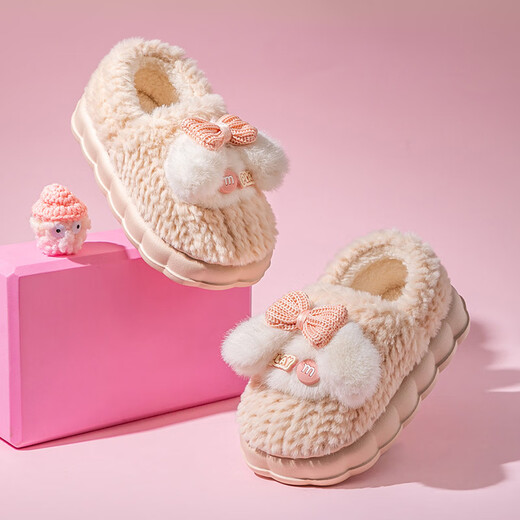 Made in Tokyo, children's cotton slippers with wrapped feet for boys and girls, plush bow-knot heel, winter warm cotton slippers, off-white 30-31